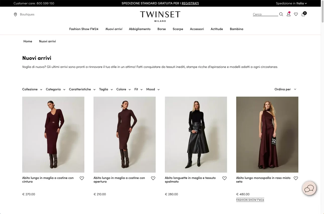 Page of the TWINSET Milano e-commerce showing products in the ‘New Arrivals’ section.